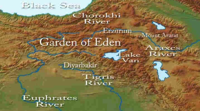 ▲ 역사적인 에덴동산이 아르메니아에 있었을 가능성이 대단히 높다. 이 지도는 에덴 동산의 예상되는 위치를 표기한 것이다