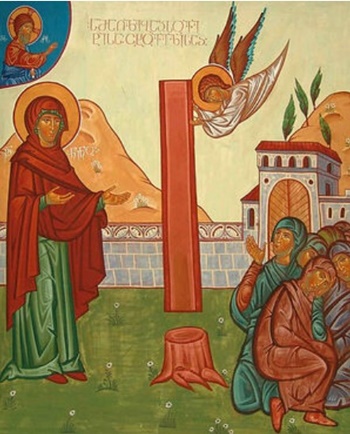 ▲ 조지아계 유대인 엘리야가 주님의 십자가 달리심을 목격하였고, 로마 병정에게서 주님의 옷을 사서 조지아로 가져왔는데 그의 누이인 시도니아가 그 옷을 입고 즉사하였다. 주님의 옷을 누이와 함께 매장하였고 거기서 삼나무가 자랐는데 조명자 니노가 베라고 지시한 후 그 자리에서 신령한 생수가 흘러나와 수많은 사람들을 치유하였다