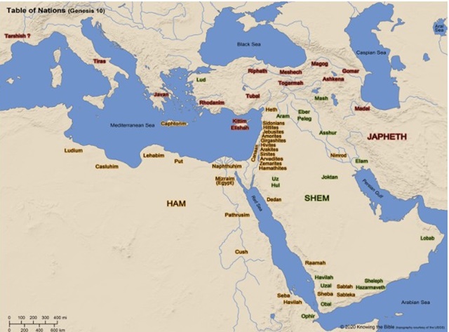▲ 창세기 10장에 등장하는 열국들의 테이블이 지도에 표기되어 있는데, 이는 대략적인 분류이고 역사적으로 각 민족들의 상호작용을 통해 많은 변화가 있었다