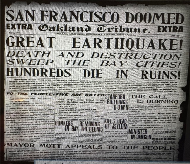 ▲ ‘오클랜드 트리뷴’ 일간지의 4월 18일 자 머릿기사다. 1906년 4월 18일 새벽에 진도 8 전후의 강진이 샌프란시스코를 강타하여 3,000명 이상이 죽었고, 300,000명 이상의 이재민이 발생하였다. 도시 전체의 80% 이상이 파괴되었다. 드류 선교사는 재해를 당해서 오갈데 없는 사람들을 자기 집에 거하도록 했다. 그렇지 않아도 협소한 집인데 아마 콩나물시루 같았을 것이다. 