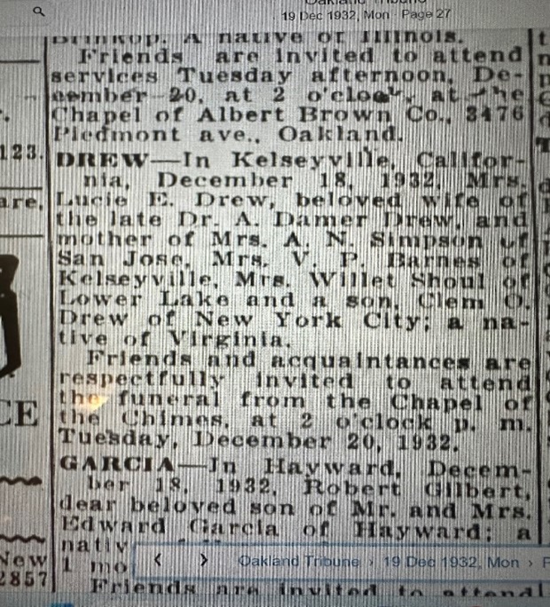 ▲ 1932년 12월 19일자 ‘오클랜드 트리뷴’ 신문의 부고란이다. 부인 보다 6년 전에 소천했던 드류 선교사의 마지막에 대한 실마리를 루시 드류 선교사의 장례 일정을 통하여 알게 되었다.