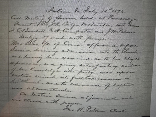 이채연 서리 공사의 아내 배 선 여사의 세례 기록(살렘 장로교회)