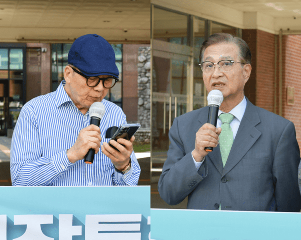 발언하는 정태윤 집사(교회개혁평신도행동연대 대표, 좌측)와 본지 발행인 최삼경 목사