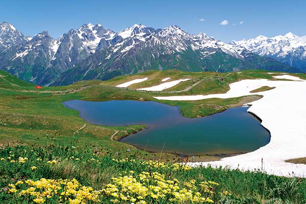 눈 덮힌 코카서스산맥과 코룰디호수 그리고 야생화(사진=김영미, 출처=조선일보)